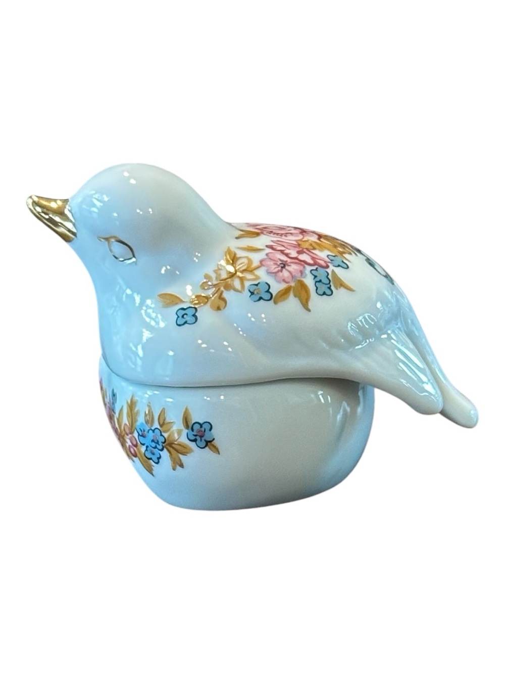 Elizabeth Arden Porcelain Bird Trinket Box with Floral Detail - White and Gold